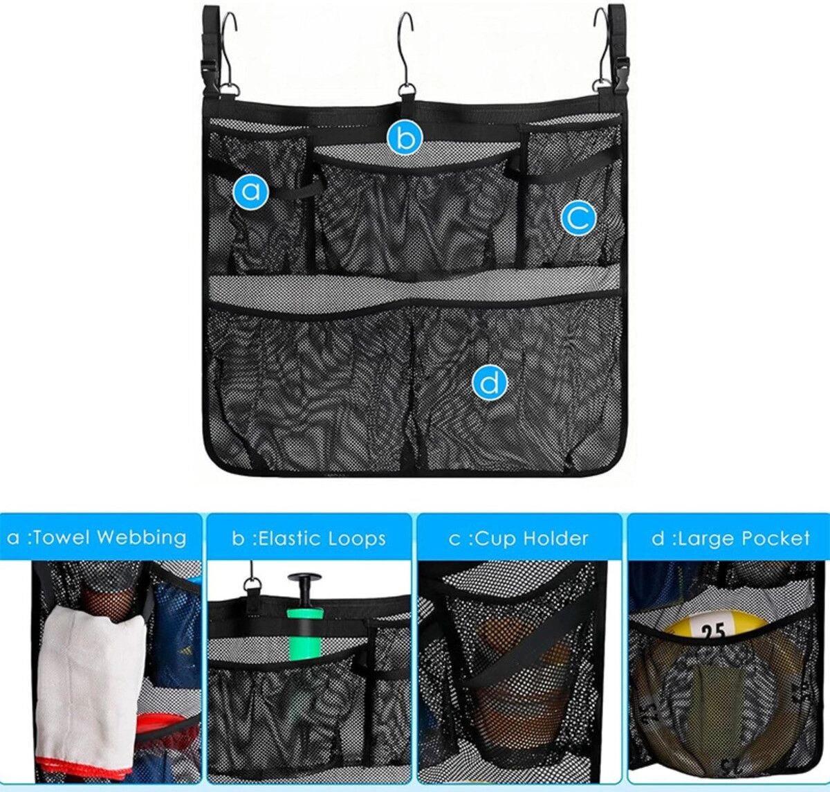INF Poolhängende Netz-Organizer-Tasche – Schwarzes PVC-Mesh mit Haken und Schnallen für Aufstellrahmenpools, Mehrfachfächer