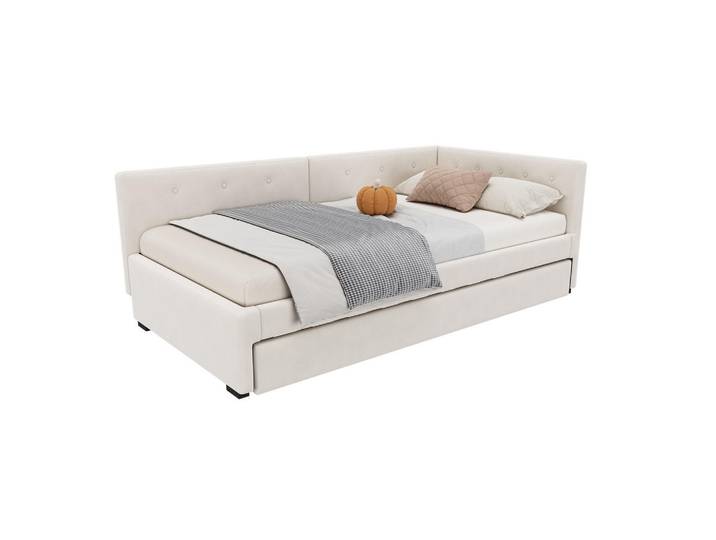 Wishdor Polsterbett 90/200 cm & 90/190 cm in Beige Samt mit Ausziehbett, Rechteckig, 90x200 cm, Schlafzimmer, Betten, Polsterbetten