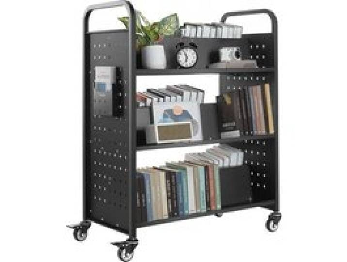 VEVOR Bücherwagen, 159 kg Tragkraft, Bibliothekswagen, 970x515x1225 mm, doppelseitiges W-förmiges Bücherregal mit Doppelbremsrollen, Abräumwagen für Wohnzimmer, Büro, Schule, Schwarz