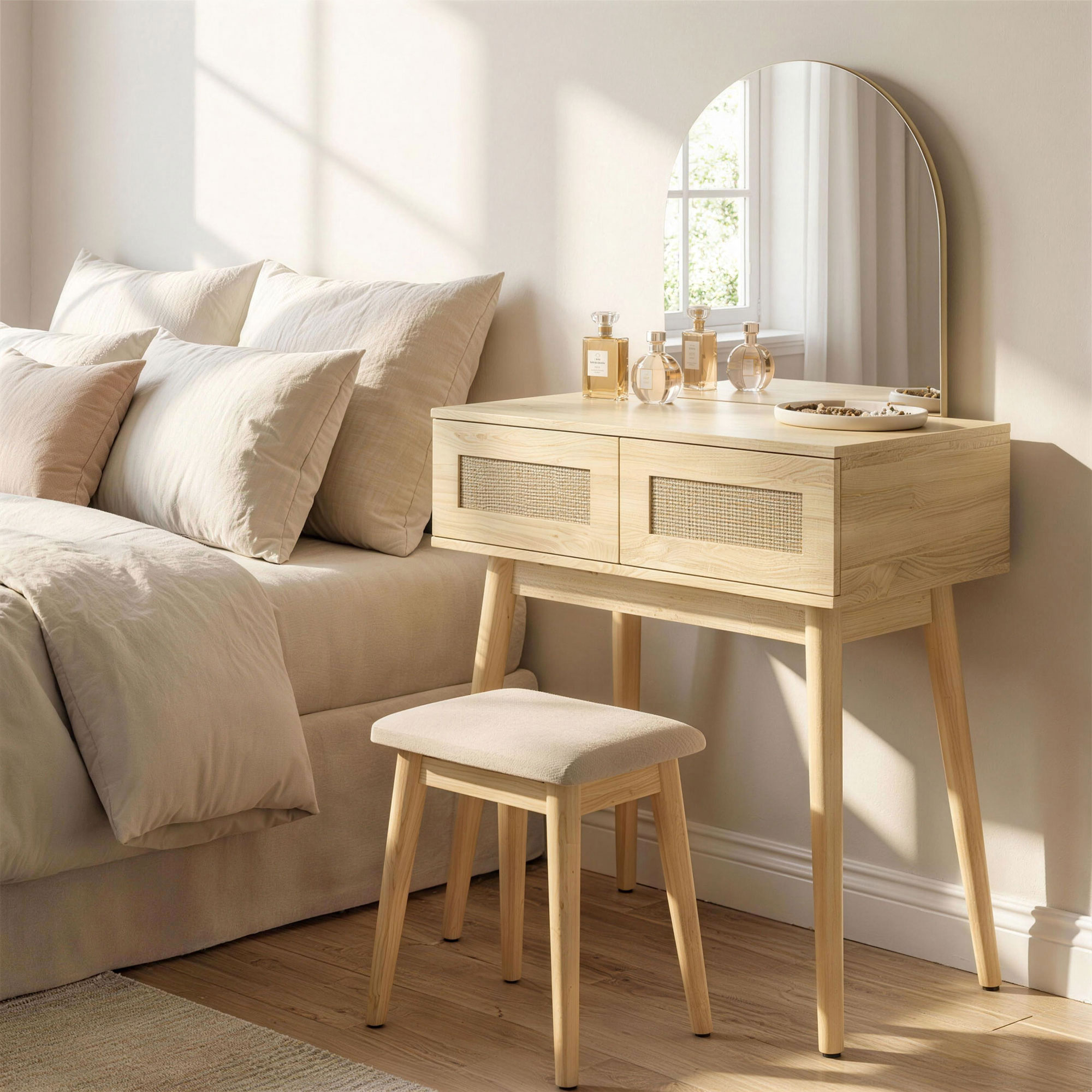 Homcom Toeletta per Trucco con Specchio ad Arco e 2 Cassetti con Fronte in Rattan, per Spazi Ridotti, Color Naturale   Aosom Italy
