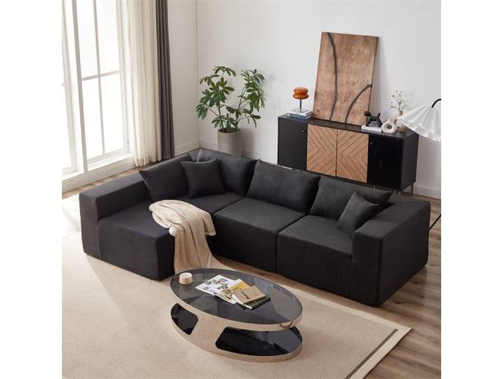 DRIPEX Canapé modulable 4 places en velours côtelé 335CM Canapé compressé rembourré avec 4 coussins combinaison libre Noir