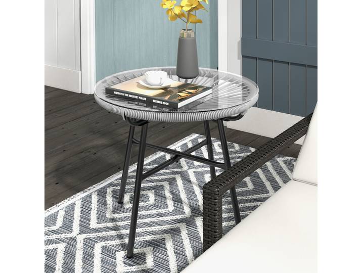 Outsunny Table Basse Ronde Rotin Résine Métal Verre Ø50cm Gris
