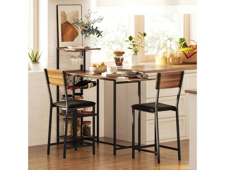 Ensemble table et chaises de bar avec 1 table haute extensible et 2 tabourets de bar MDF et métal marron