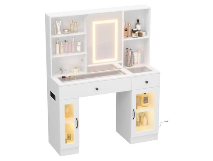 GarveeTech Schminktisch mit LED-Spiegel & Glasplatte, Beleuchteter Frisiertisch mit 3-Farben-LED, Schubladen, Glasvitrinen, USB/AC-Anschlüssen und kratzfester Oberfläche