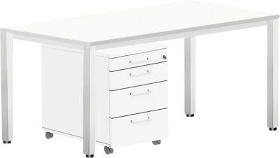 Komplettset BEXXSTAR, Schreibtisch 1600 mm breit und Rollcontainer, Quadratrohrfuß, weiß