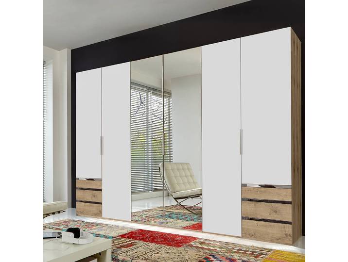 Drehtürenschrank Level 36A 300 x 236cm Weiß/Beige/Alpinweiß/Plankeneiche Dekor mit Spiegeltür/-en