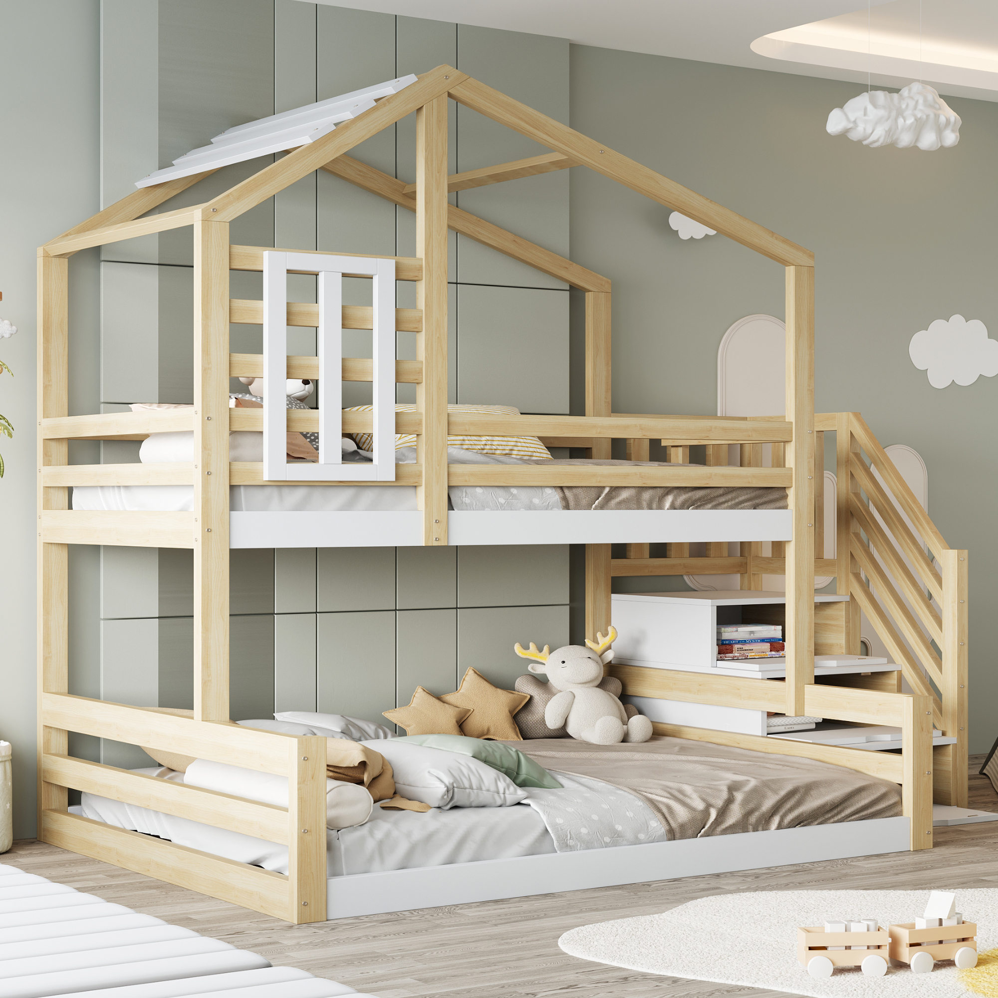 okwish Kinder Stockbett mit 2 Matratze 140/90x200 Etagenbett Holzbett Bettgestell mit Treppe,Fenster und Absturzschutz,Natur
