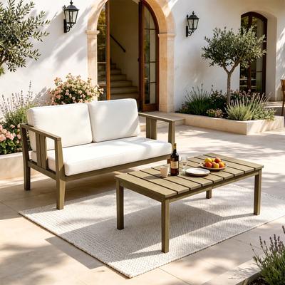 Uixe Teak Patio Loveseat with Coffee Table Outdoor Conversation Set