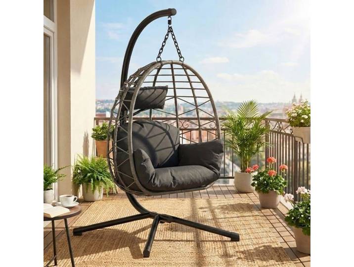 Fauteuil Suspendu en rotin avec Structure en métal - Chaise à accoudoirs en rotin pour Jardin - Gris rotin