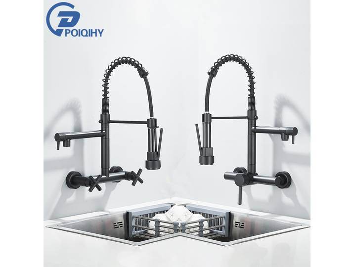 Robinet de cuisine noir, Rotation à 360 degrés, pulvérisateur à main extractible avec boucle, robinets de cuisine muraux, robinets mélangeurs d'eau froide et chaude chromés