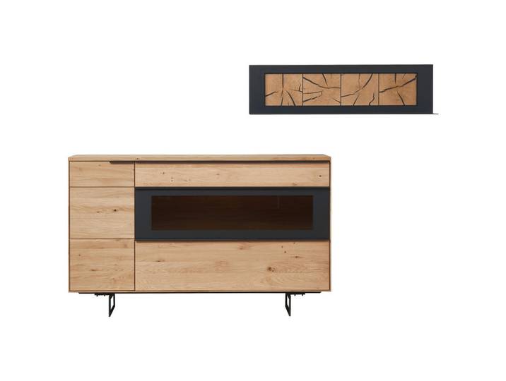 Valdera Sideboard, Schwarz, Eiche, Holz, Metall, Glas, Wildeiche, massiv, 1 Fächer, 2 Schublade(n) Schubladen, 161.9x99.9x45.2 cm, Goldenes M, Typenauswahl, Beimöbel erhältlich, umfangreiches Zubehör erhältlich, Holzmöbel, Kleinmöbel Holz, Holzkommoden, Sideboards Holz