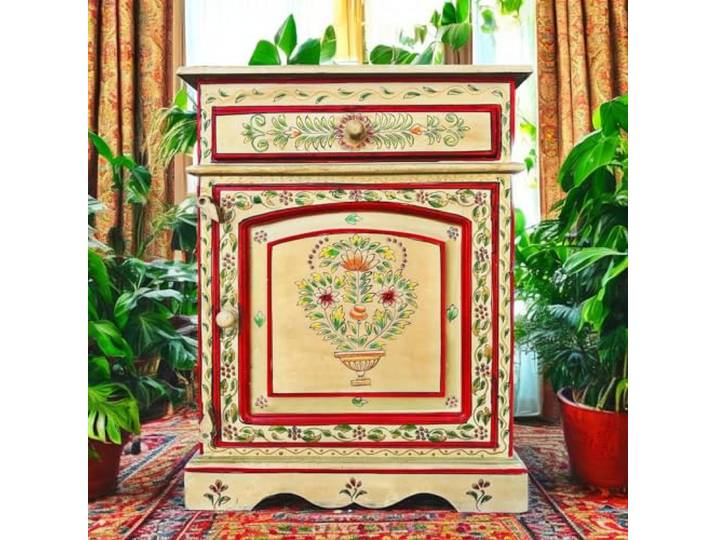 OPIUM OUTLET Indisches Nacht-Schränkchen asiatischer Nachttisch Kleiner Nacht-Schrank orientalische Schlafzimmer-Kommode Konsole rot-beige handbemalt