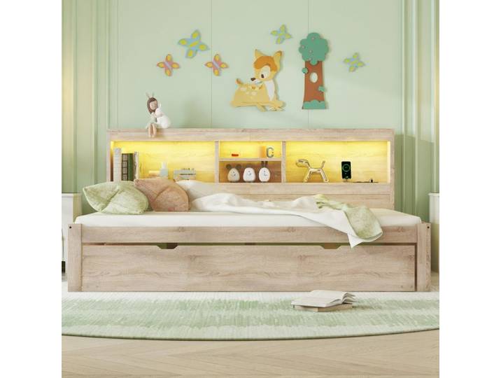 Lit adulte 140x200 cm avec lit gigogne canapé-lit éclairage LED prise USB rangement sommier inclus bois naturel