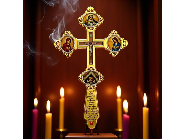 HTISOK Croix de Crucifix Orhodoxe Icône Plaquée Or Croix debout avec Portraits Religieux Décor d'autel de Maison chrétienne Orthodexe