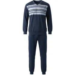 hajo Herren Schlafanzug lang - Klima-Komfort, V-Neck, Bündchen, Streifen, Baumwollmix Dunkelblau / L