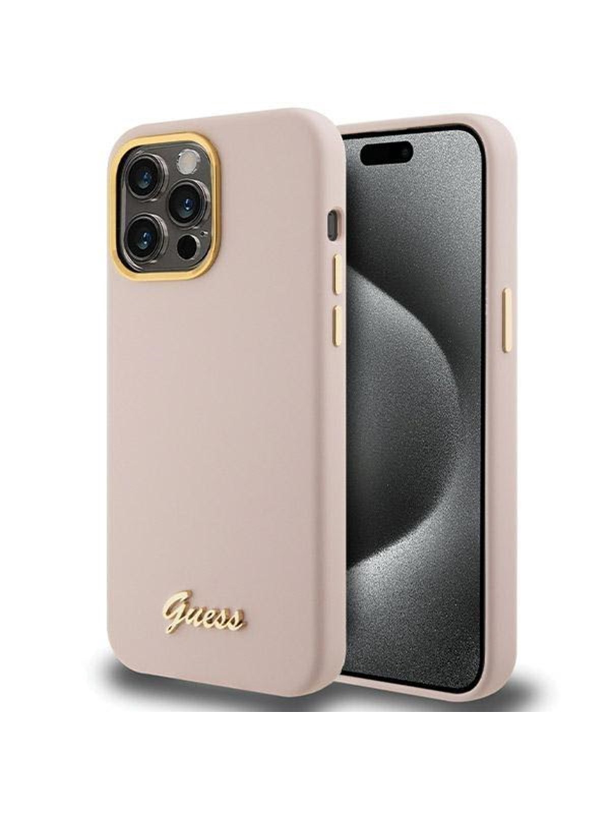 GUESS Silicone Script Metal Logo & Frame case for iPhone 15 Pro - pink