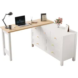 Schreibtisch 120×40×70 Drehbar 360° Tischplatte 7 Schubladen Eckschreibtisch Sideboard Kombination Stauraum Arbeitsplatz Homeoffice Eiche Weiß