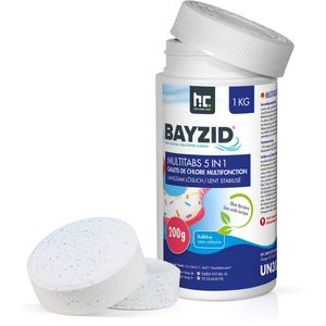 Höfer-Chemie Chlor BAYZID organisch, 5in1 Multitabs, für Pools, 90 % Chlorgehalt, 5 x 200 g, Dose 1 kg