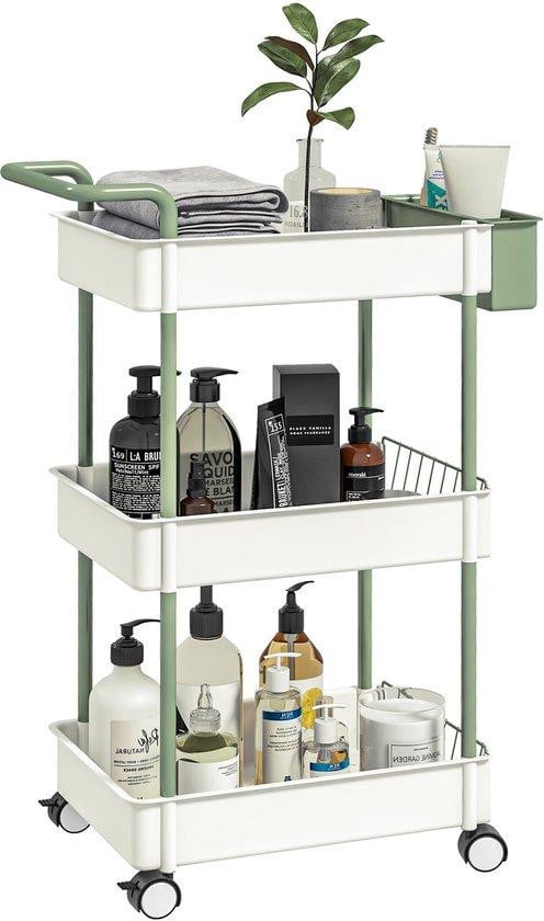 Benza Witte Keukenwagen met 3 niveaus, wielen en ophangmandje, mobiele multifunctionele trolley voor keuken, badkamer en kantoor