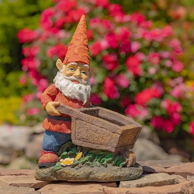 Zaer Ltd 17 Inch Tall Spring Gnome Garden Statue with Wheelbarrow