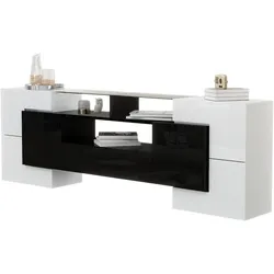 OKWISH TV-Ständer Hochglanz Weiß Schwarz mit LED-Beleuchtung, 4 Türen, 2 Schubladen, 3 Fächer, modernes Wohnzimmer Möbel, Spanplatte, 200x35x60cm