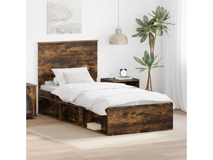 Massivholz Kiefer Modernes Design Geräucherte Eiche 90 x 200 cm Braun Bettrahmen Geräucherte Eiche 90x200 cm Massives Kiefernholz Einzelbett Lattenrost Kopfteil Stabil Modern