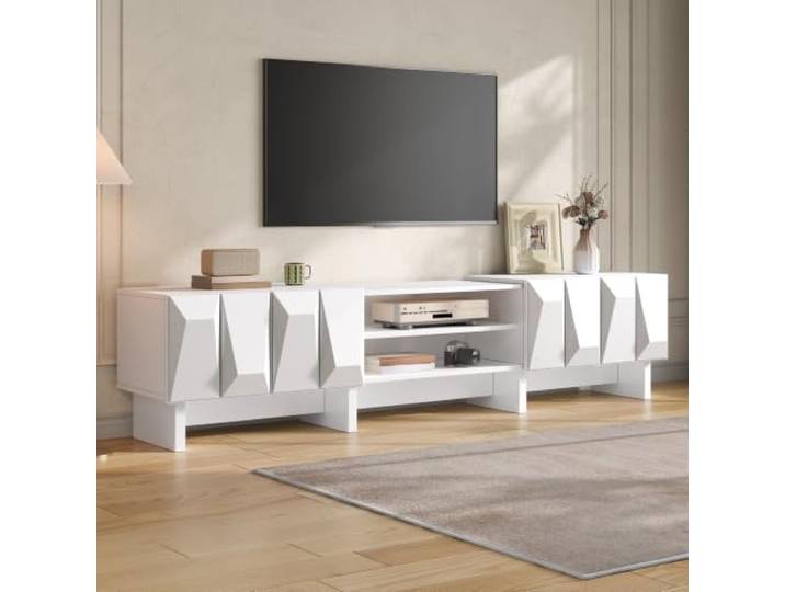 BXEYXE TV Lowboard Fernsehschrank TV Board Spanplatte Relief 4 Türen offene Fächer Kabeldurchlass Wohnzimmer
