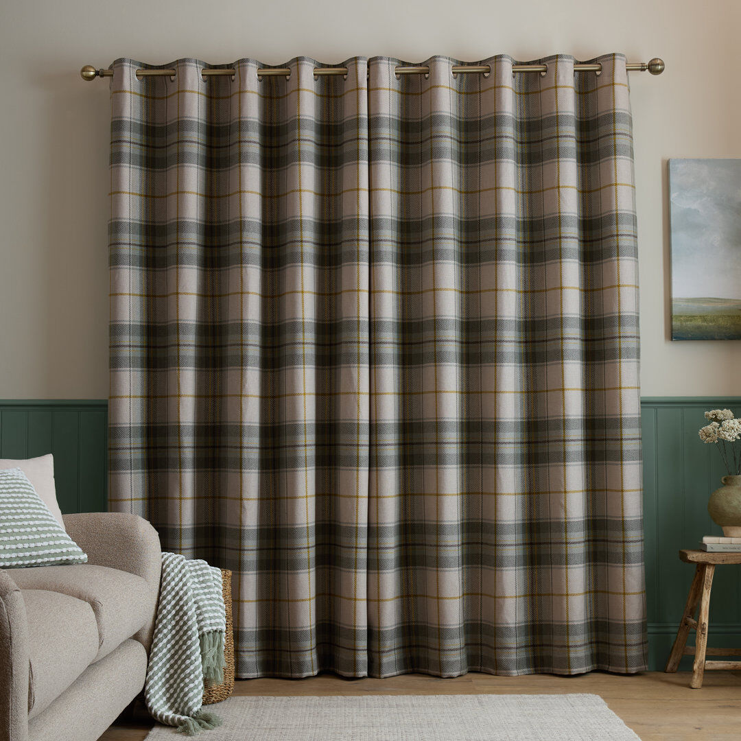 Catherine Lansfield Brushed Woven Glencoe Check Thermal Eyelet Curtains Green 66 x 54 Inch