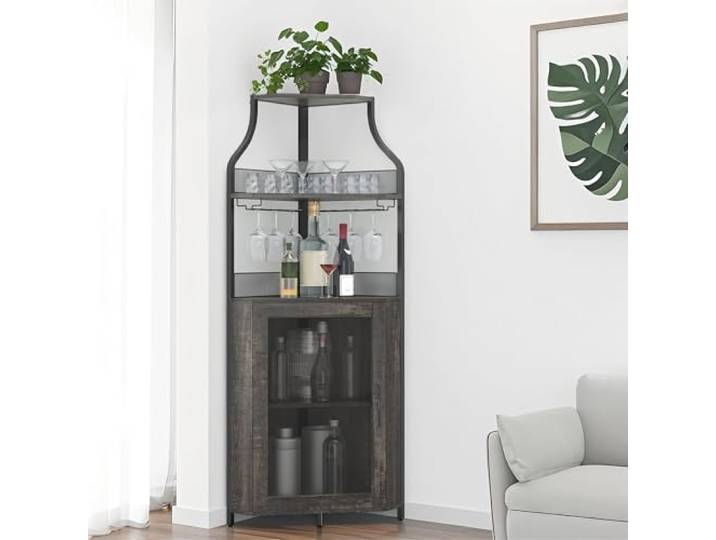Thaookte Eck-Weinschrank - Industrieller Eck-Hausbar Abschließbar 5-Fach abschließbares Weinregal mit Glasablage & LED-Beleuchtung. Industrielles Design aus Holz & Metall. Perfekt für