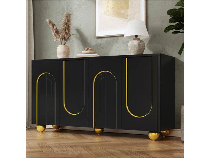 WOVREO Buffet bas 4 portes noir décor arc doré pieds métalliques MDF et panneaux de particules