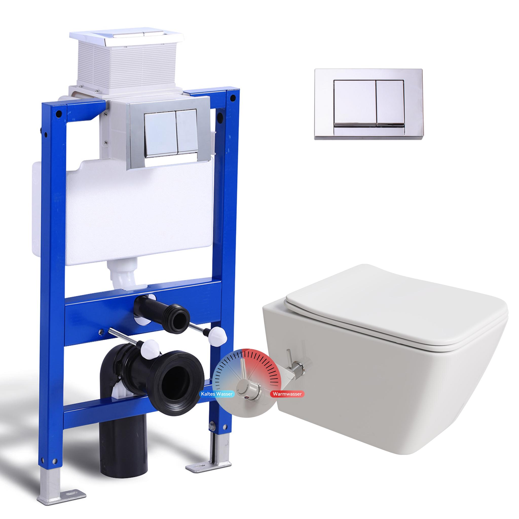 HOROW Komplett Vorwandelement Dusch WC Toilette Set - 82cm Unterputzspülkasten + Hänge Dusch WC Kalt-Warm Wasser + Rechteckig Chrome Drückplatte
