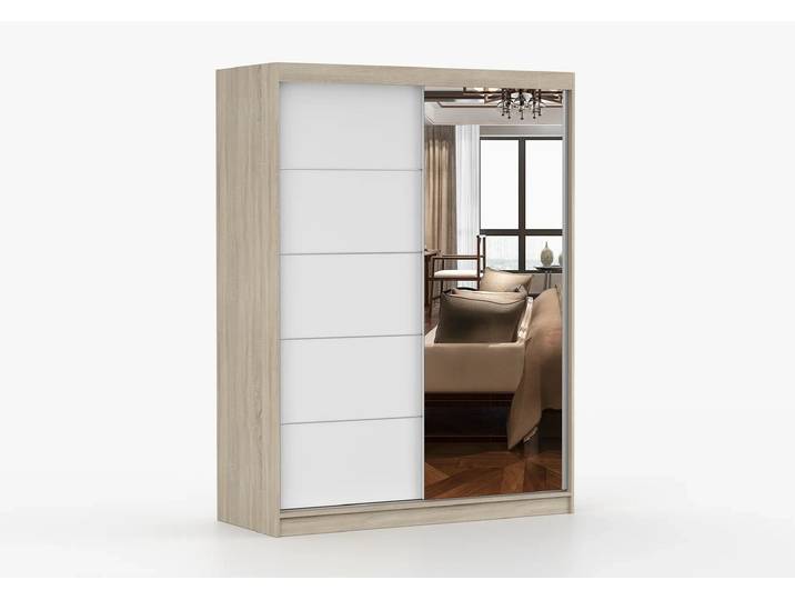 Schwebetürenschrank VISTA 05 150 cm Sonoma Eiche Weiß + Spiegel Ohne LED-Beleuchtung