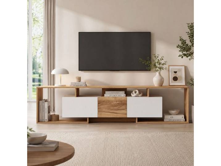 ULSAM Meuble TV 180 cm 3 Portes Push-to-Open 3 Niches TV 85 Pouces - Blanc/Bois Naturel