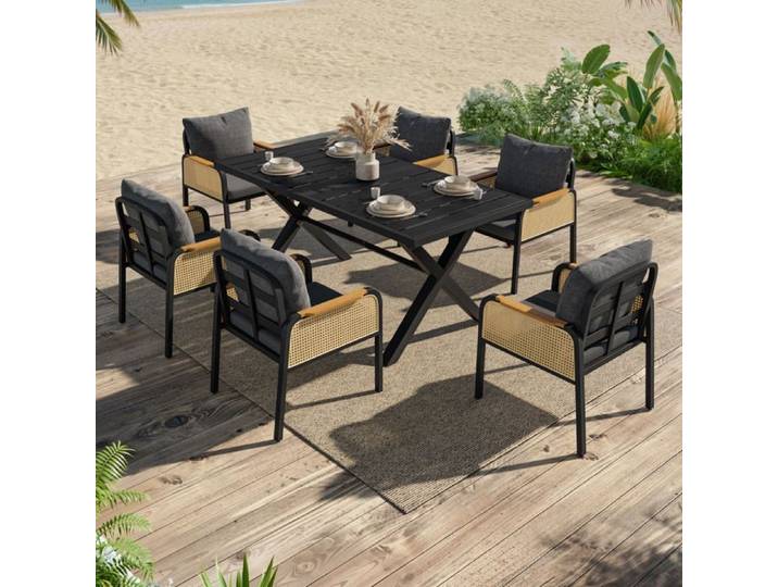 COVREO Ensemble table et chaises de jardin 6 places plateau en plastique bois métal noir et naturel
