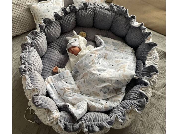 Loolay Bettnestchen MINKY Graphit/ HASE Beige-Weiß ENGELSNEST Babynest, Unterlage, (PREMIIUM XXL als Nestchen Ø90cm, als Krabbeldecke Ø155cm, Original LOOLAY® Babynestchen Spielmatte Reisebett SETS MIT ZUBEHÖR), 100% Europäische Stoffe und Kleinserien-Nähen!