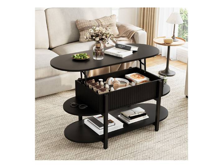 FUROKOY Couchtisch oval höhenverstellbar Wohnzimmertisch mit verstecktem Stauraum, Sofatisch 3-Etagen-Design,Wellenmuster,Schwarz