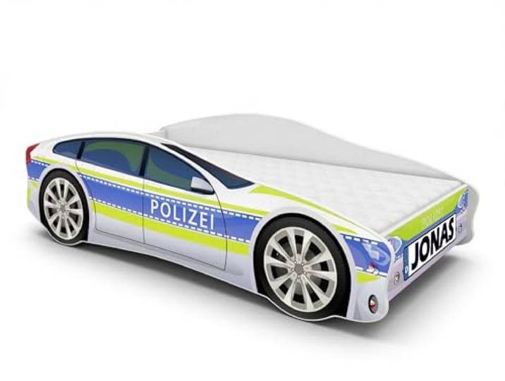 ACMA Autobett Polizei 160x80 cm personalisiert mit Name - Kinderbett Auto im Polizeiwagen Design mit Matratze und Lattenrost, Jugendbett mit Rausfallschutz, Modell Polizei 1, belastbar bis 150 kg