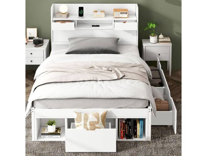 Lit simple 90*200cm Avec port USB & tiroirs & armoire de rangement Lit d'enfant Lit de jeune Lit multifonctionnel Grand espace