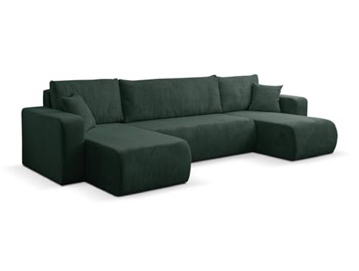 VENASI MÖBEL Wohnlandschaft mit Schlaffunktion Luna U, Grün Cordstoff Sofa mit Bettkasten, Schlaffläche 125 × 268 cm, inkl. Kissen & Aufbauanleitung