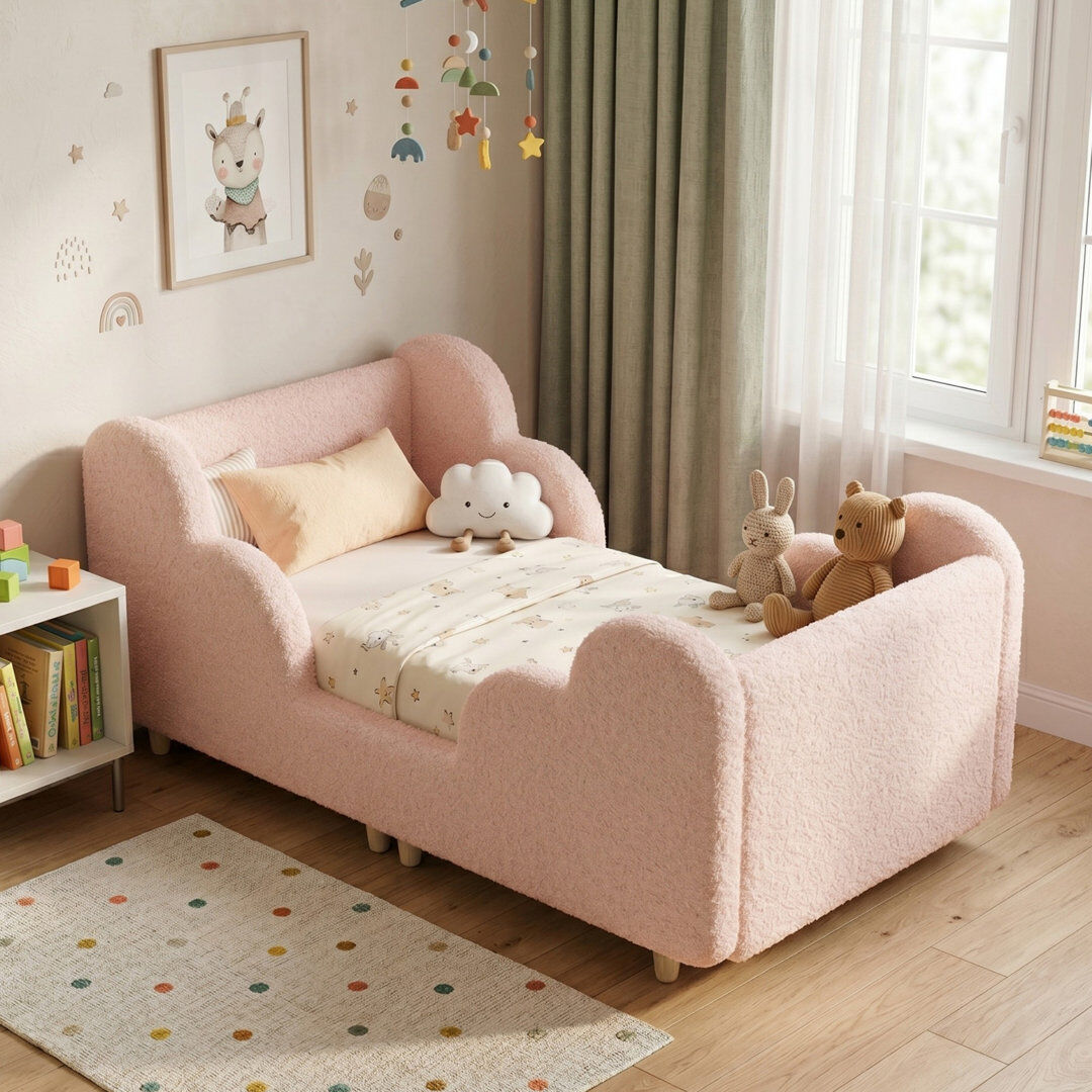 17 Stories Toddler Cloud‑Shaped Upholstered Bed Frame, Child‑Safe Rounded Edges, Easy Assembly, Kids Bedroom Furniture Pink