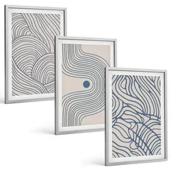 BILDER SET 3er Set - 40x60 cm Silberner Rahmen - Abstrakte Linien, Wellenformen