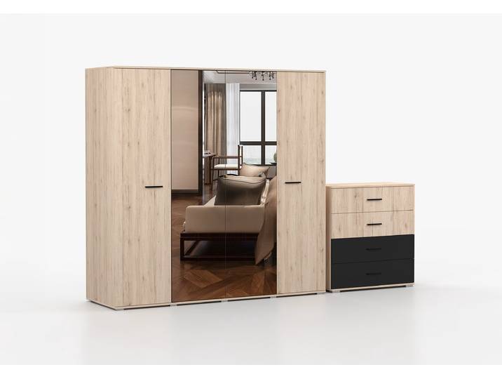 Drehtürenschrank und Kommode 2er-Set BARI/BARI 4S San Remo Sand San Remo Sand + Schwarz Semigloss