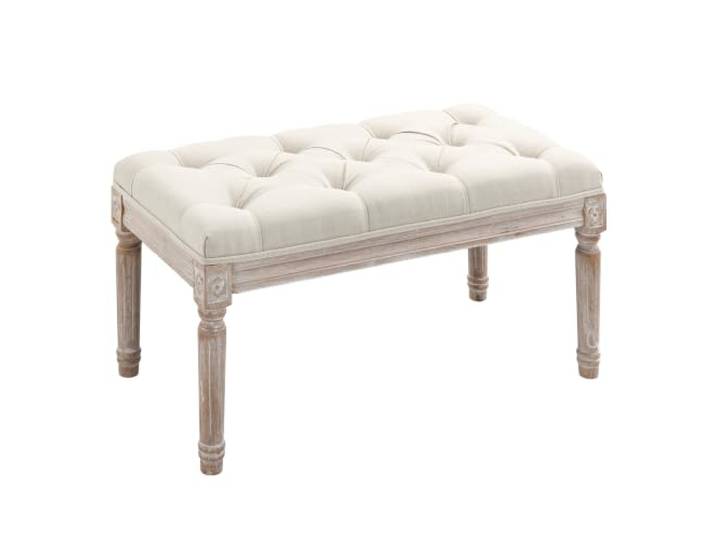 HOMCOM Sitzhocker Fußstütze Holzbein Wohnzimmer Schlafzimmer Cremeweiß Polsterbank mit Leinenoptik, Fußhocker mit Gepolstertem Sitz, Ottomane