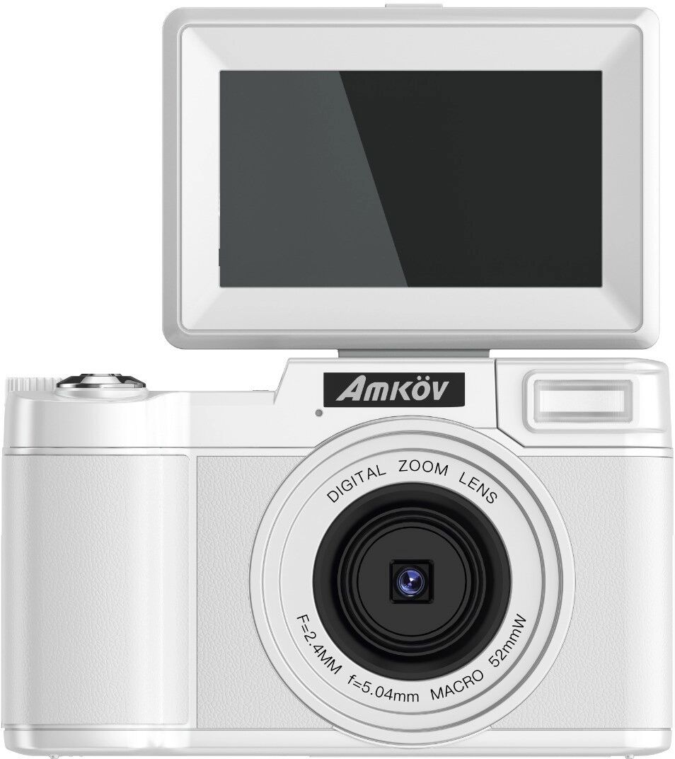INF 48-MP-4K-Digitalkamera mit Speicherkarte, Klappdisplay, 4-fachem Zoom und EIS Weiß