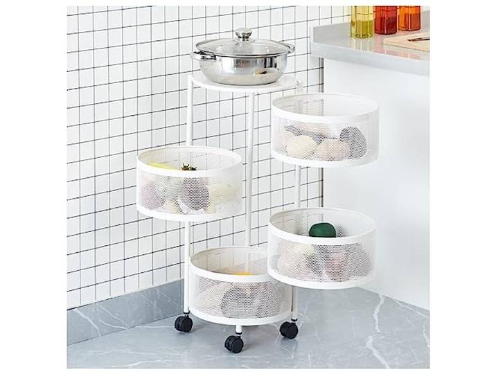 DFHetFH Rollwagen Mehrschichtiges Lagerregal Aus Metall, Drehbarer Korb, Organizer, Wagen, Boden, Gemüse, Obstregal Mit Rädern Küchenwagen(White,4-Tier)