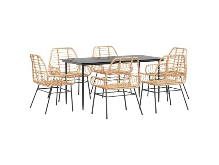 PUGYNBK Garten-Esszimmer-Set, 7-teilig, PE-Rattan, Braun, Tisch aus gehärtetem Glas