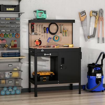 "HOMCOM Multipurpose Workbench Workshop Tools Table with Drawer and Peg Board Storage Cabinet with Keys - 38.75""W x 19""D x 55""H"