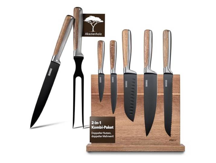 Baumfeld Bundle: 6-teiliges Messerblock-Set und 2-teiliges Tranchierbesteck (Schwarz)