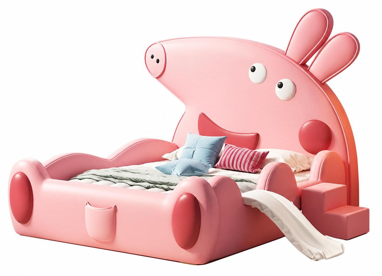 Rosa Kinderbett mit Rutsche Peppa Pig Leder für Mädchen Kindermöbel