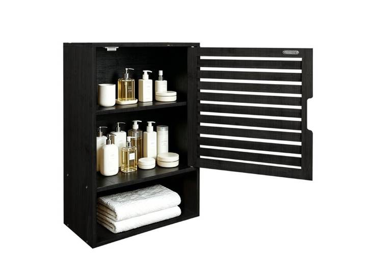 Armoire Murale de Salle de Bain - Armoire à Pharmacie en Bambou - Avec Porte Ajourée et Étagère Réglable - 40x20x60cm - Noir